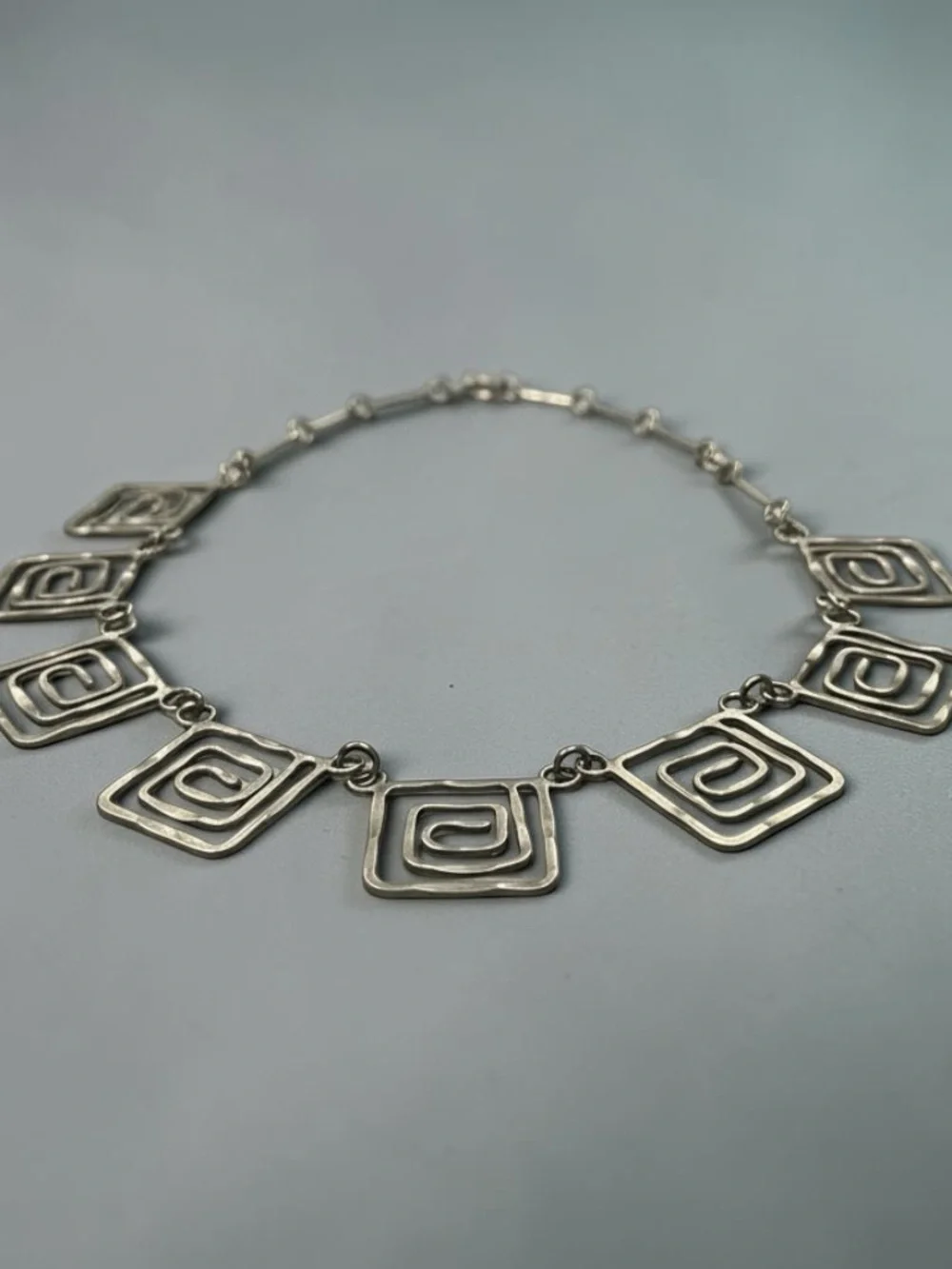 Boho Chunky Bib Necklace – Antique Silver Rectangle Spiral Design